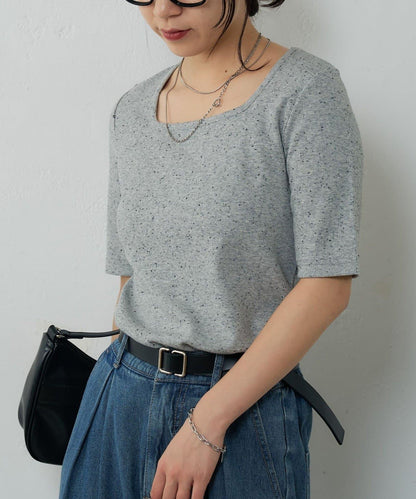 網眼方形領5分袖套頭衫