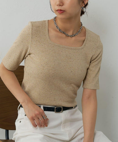 網眼方形領5分袖套頭衫