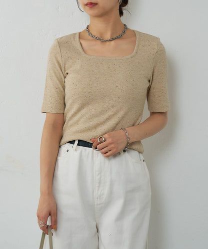 網眼方形領5分袖套頭衫