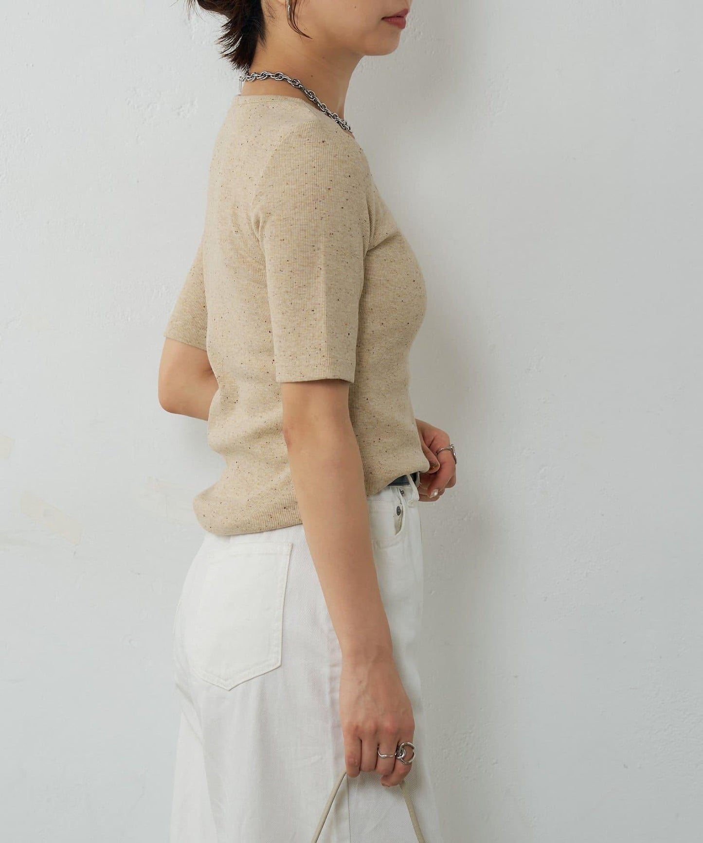 網眼方形領5分袖套頭衫