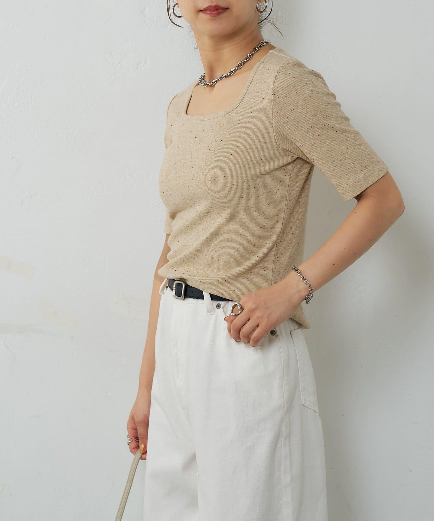 網眼方形領5分袖套頭衫