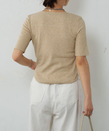 網眼方形領5分袖套頭衫