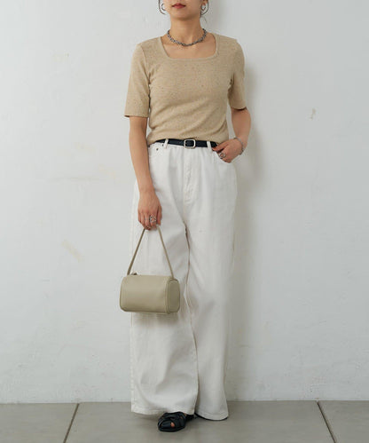 網眼方形領5分袖套頭衫