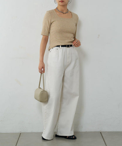 網眼方形領5分袖套頭衫