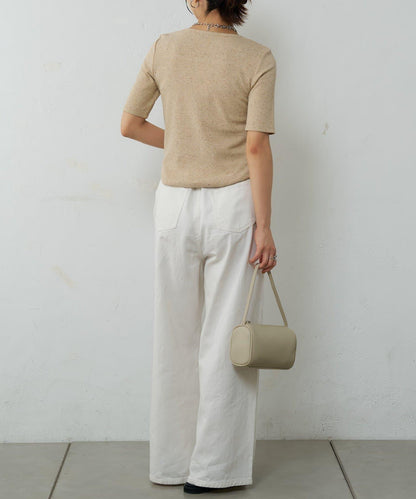 網眼方形領5分袖套頭衫