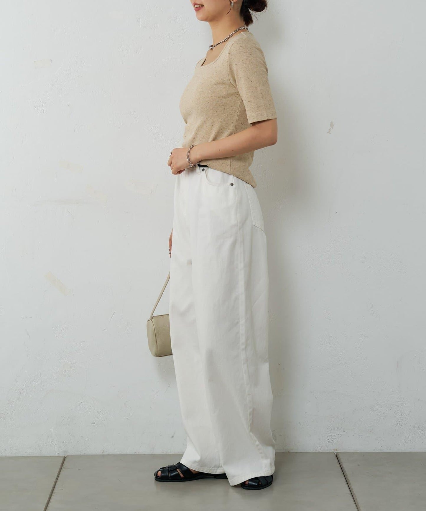 網眼方形領5分袖套頭衫