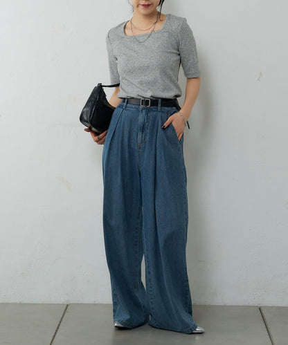 網眼方形領5分袖套頭衫