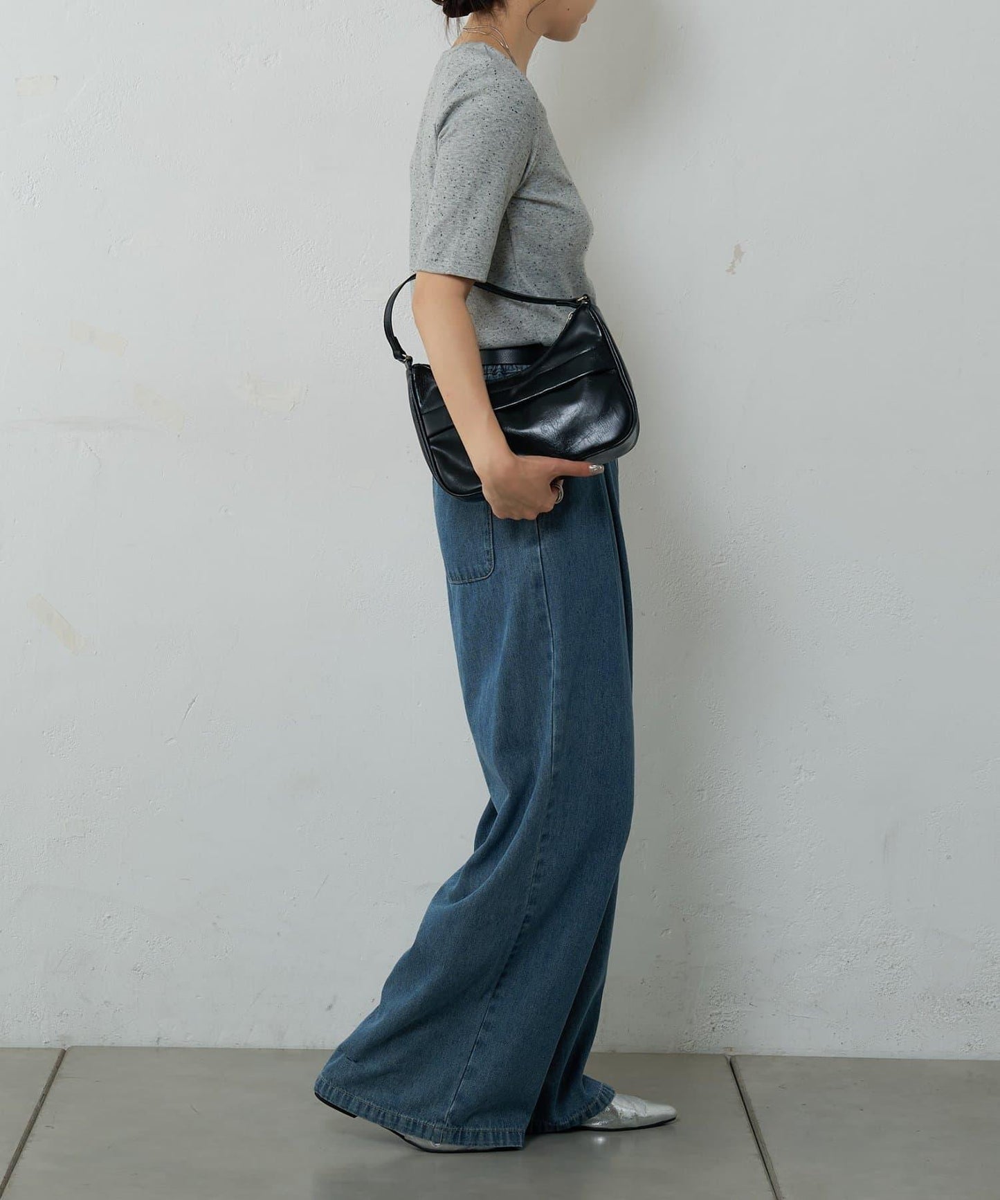 網眼方形領5分袖套頭衫