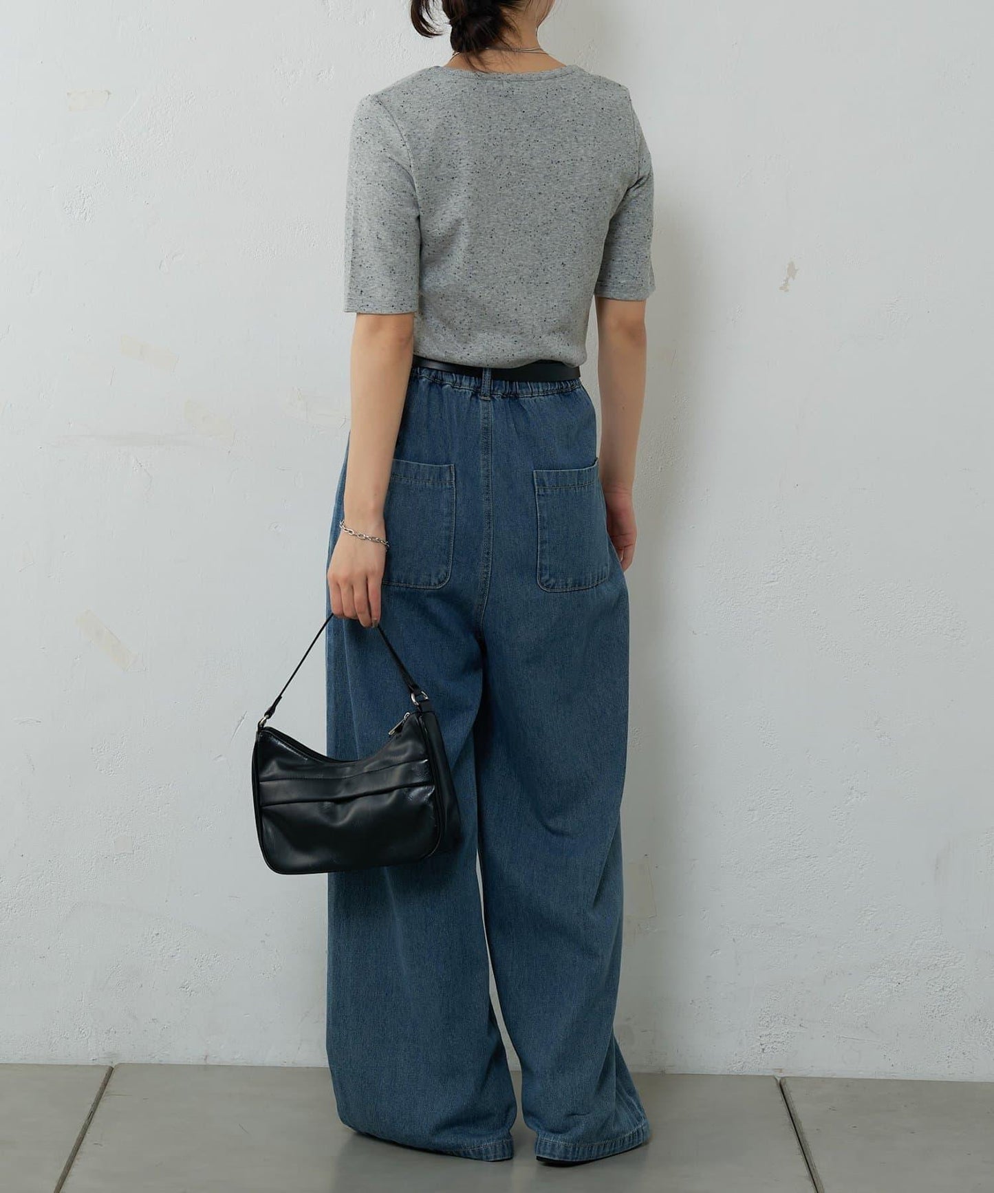 網眼方形領5分袖套頭衫