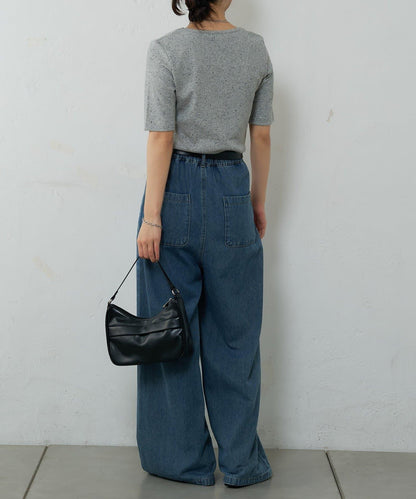 網眼方形領5分袖套頭衫