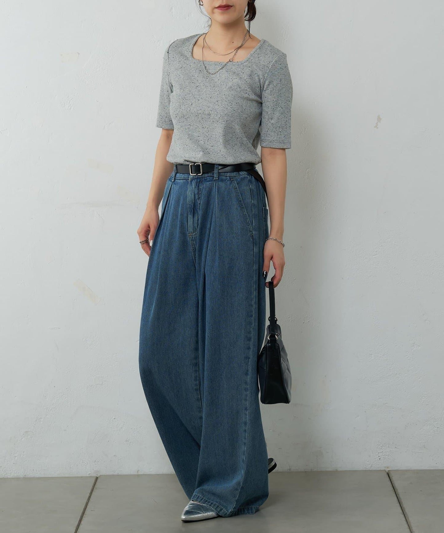 網眼方形領5分袖套頭衫