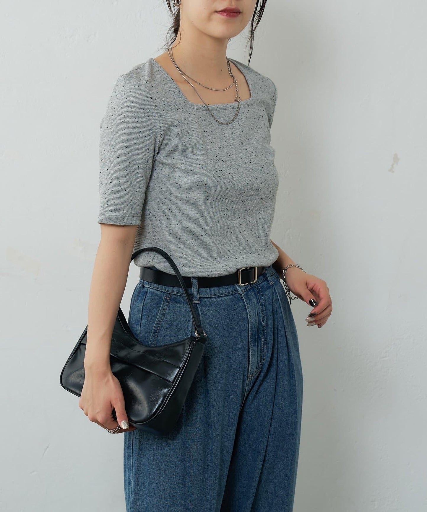 網眼方形領5分袖套頭衫