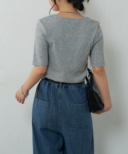 網眼方形領5分袖套頭衫