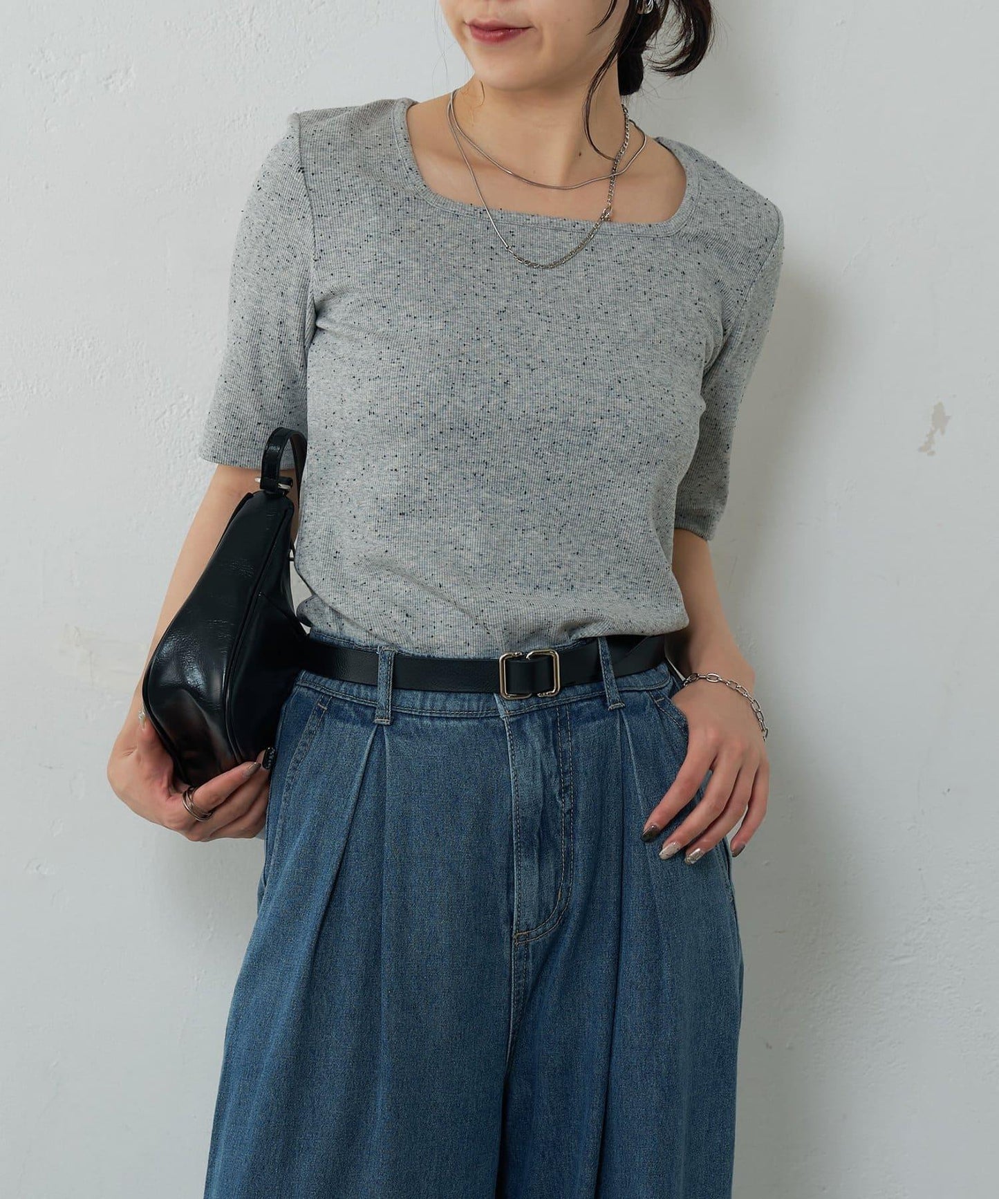 網眼方形領5分袖套頭衫