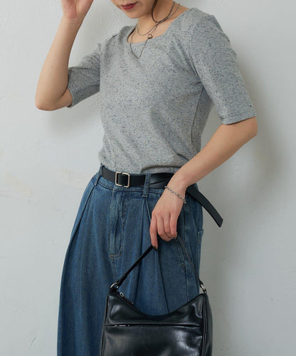 網眼方形領5分袖套頭衫