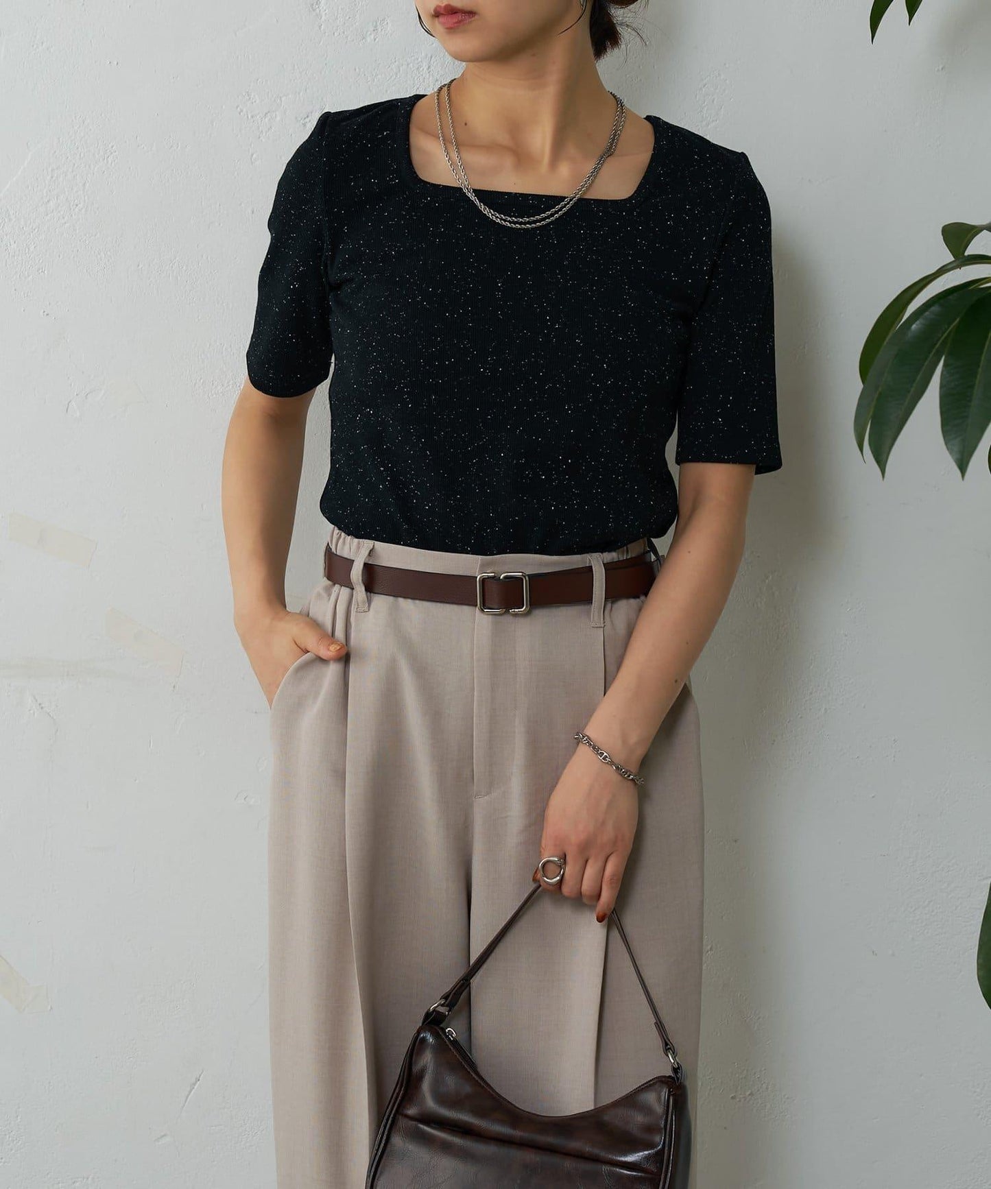 網眼方形領5分袖套頭衫