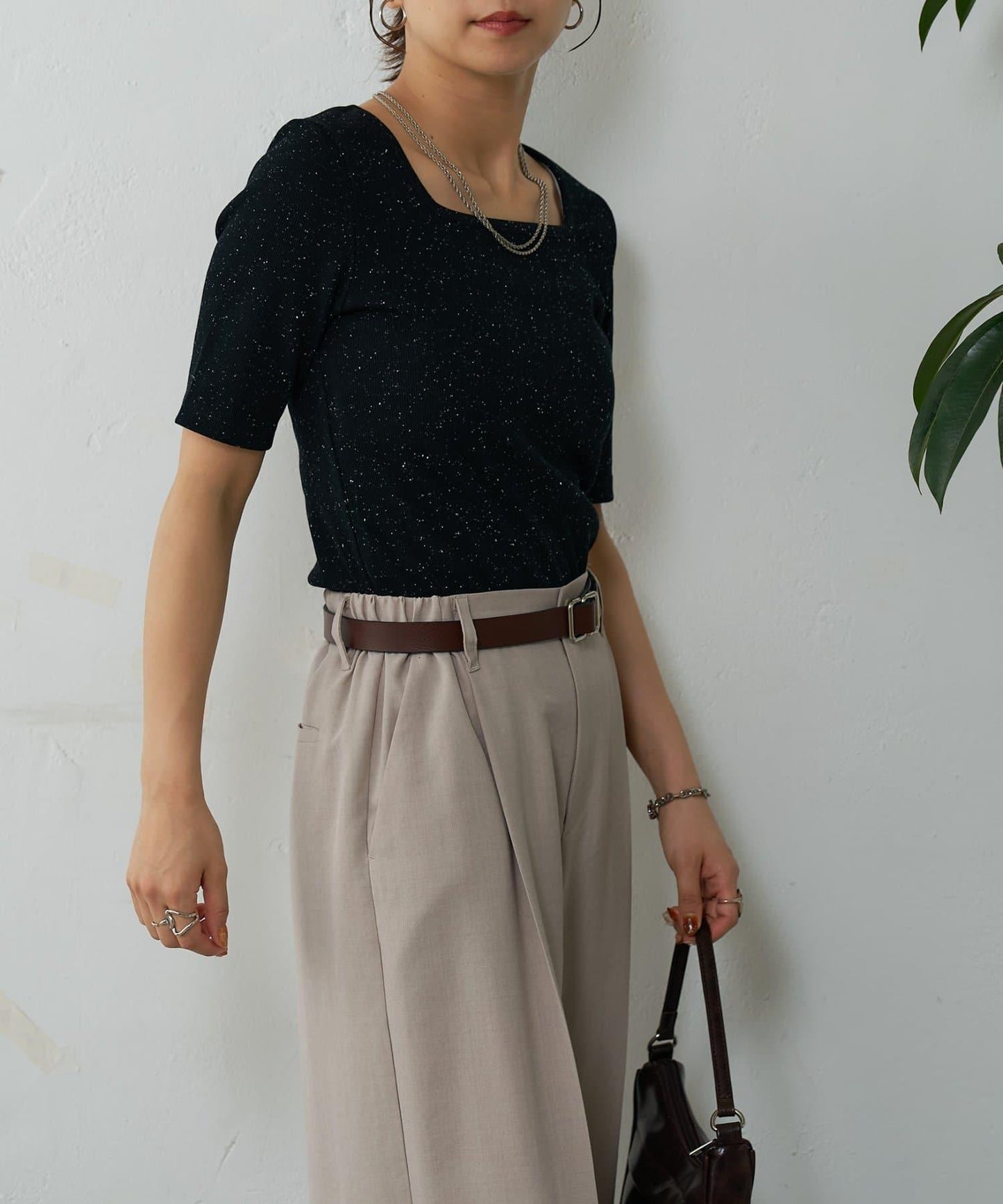 網眼方形領5分袖套頭衫