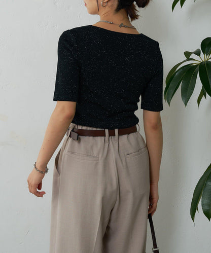 網眼方形領5分袖套頭衫