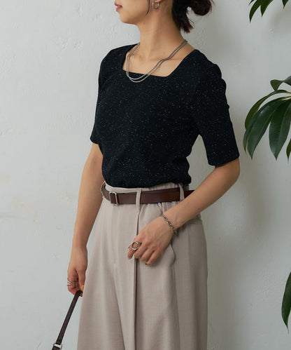 網眼方形領5分袖套頭衫