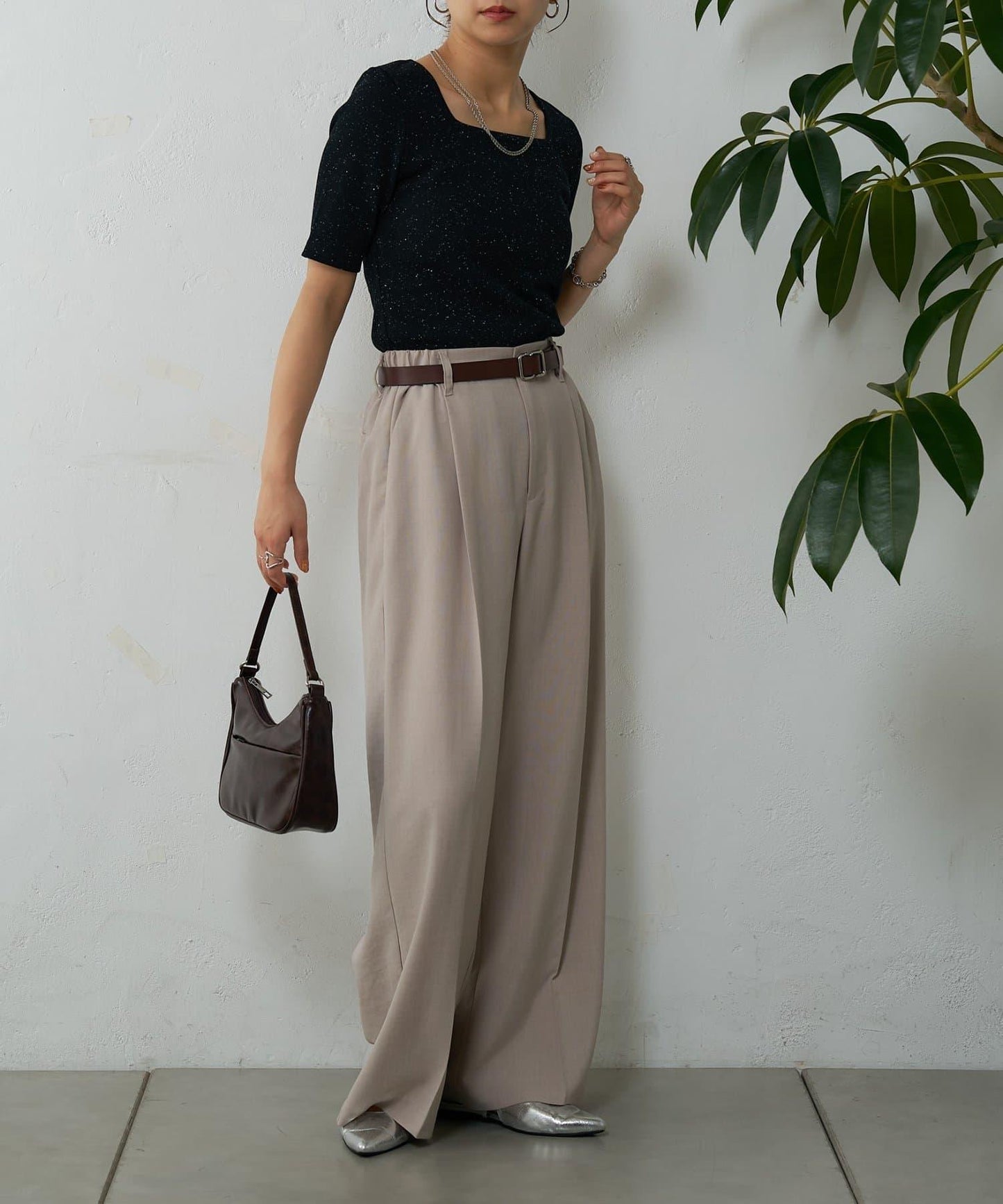 網眼方形領5分袖套頭衫