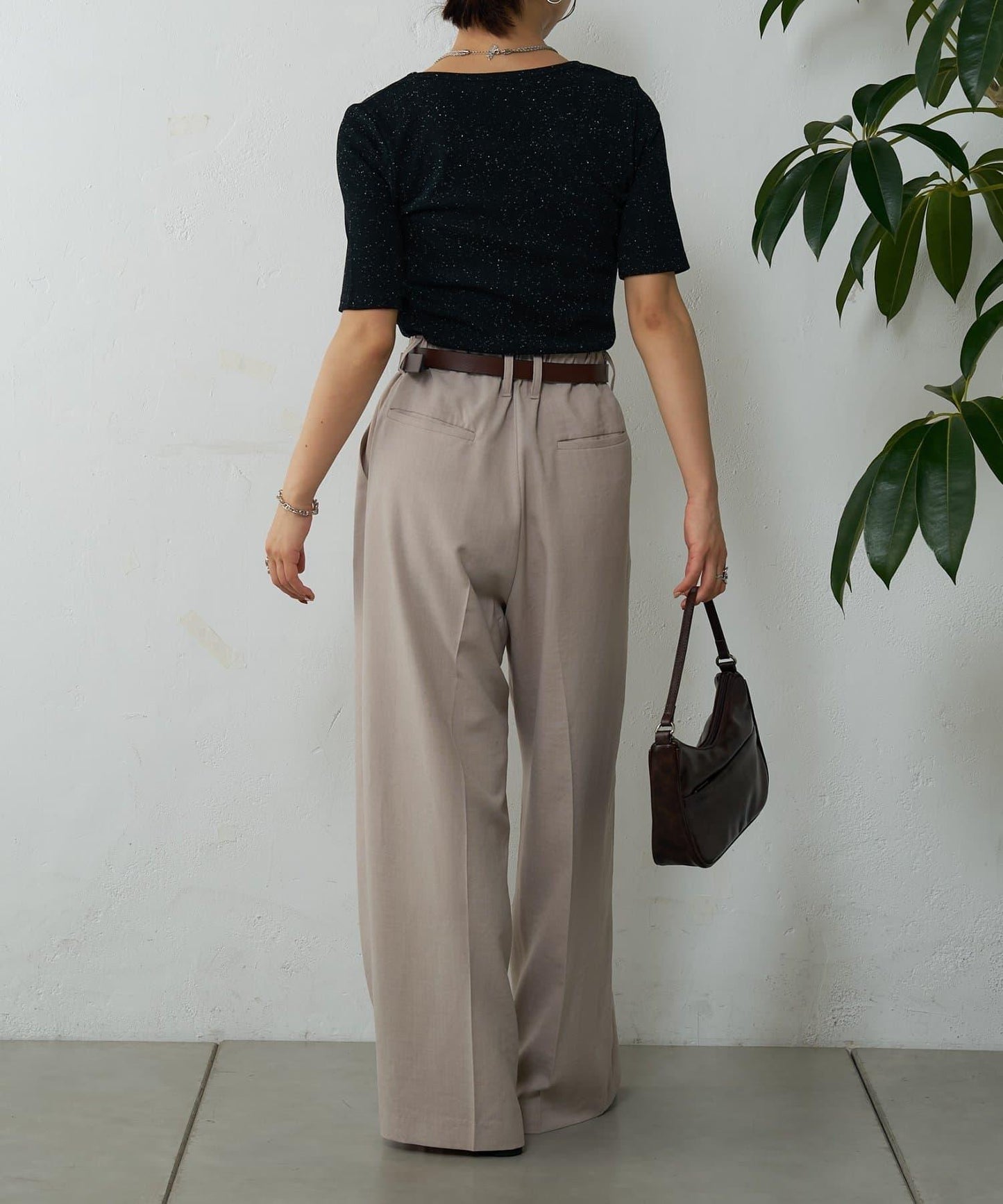 網眼方形領5分袖套頭衫