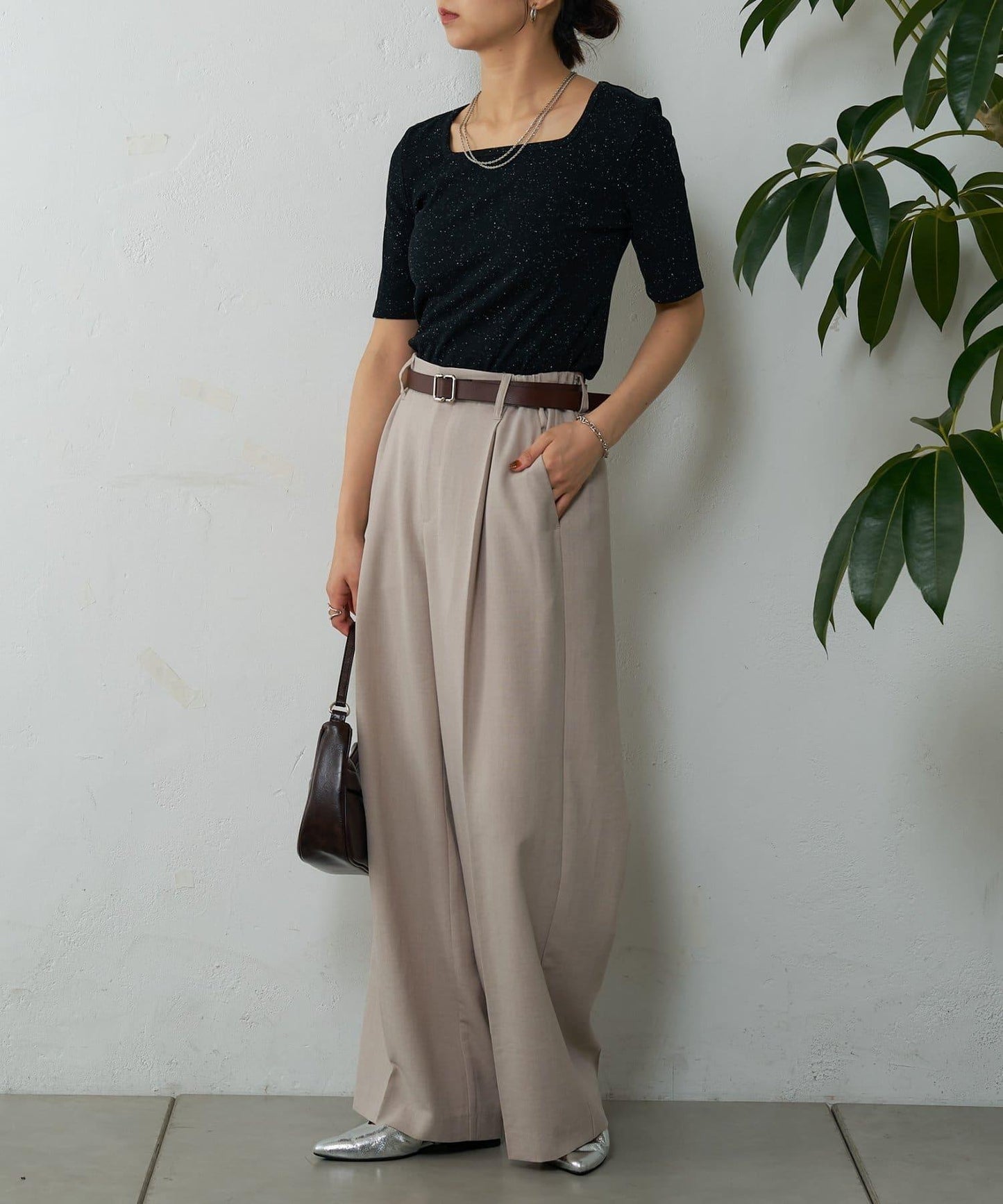 網眼方形領5分袖套頭衫