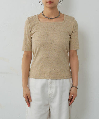 網眼方形領5分袖套頭衫