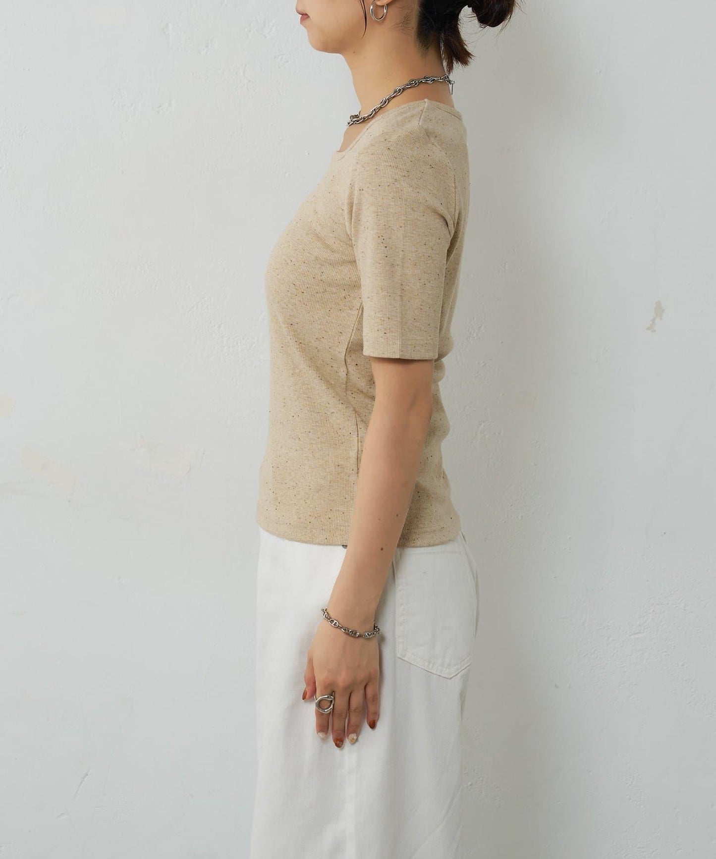 網眼方形領5分袖套頭衫