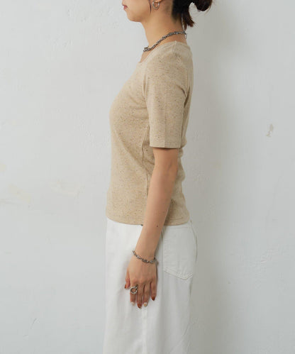 網眼方形領5分袖套頭衫