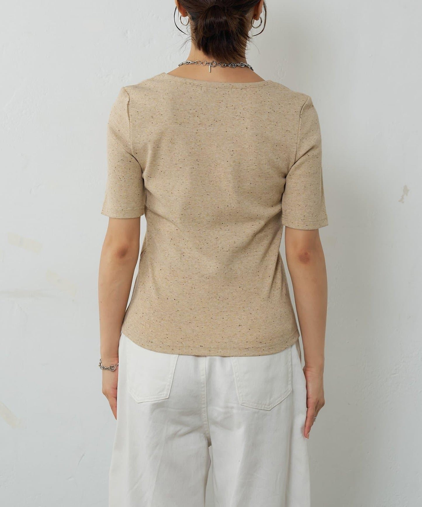 網眼方形領5分袖套頭衫