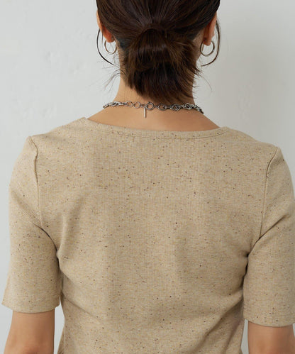 網眼方形領5分袖套頭衫