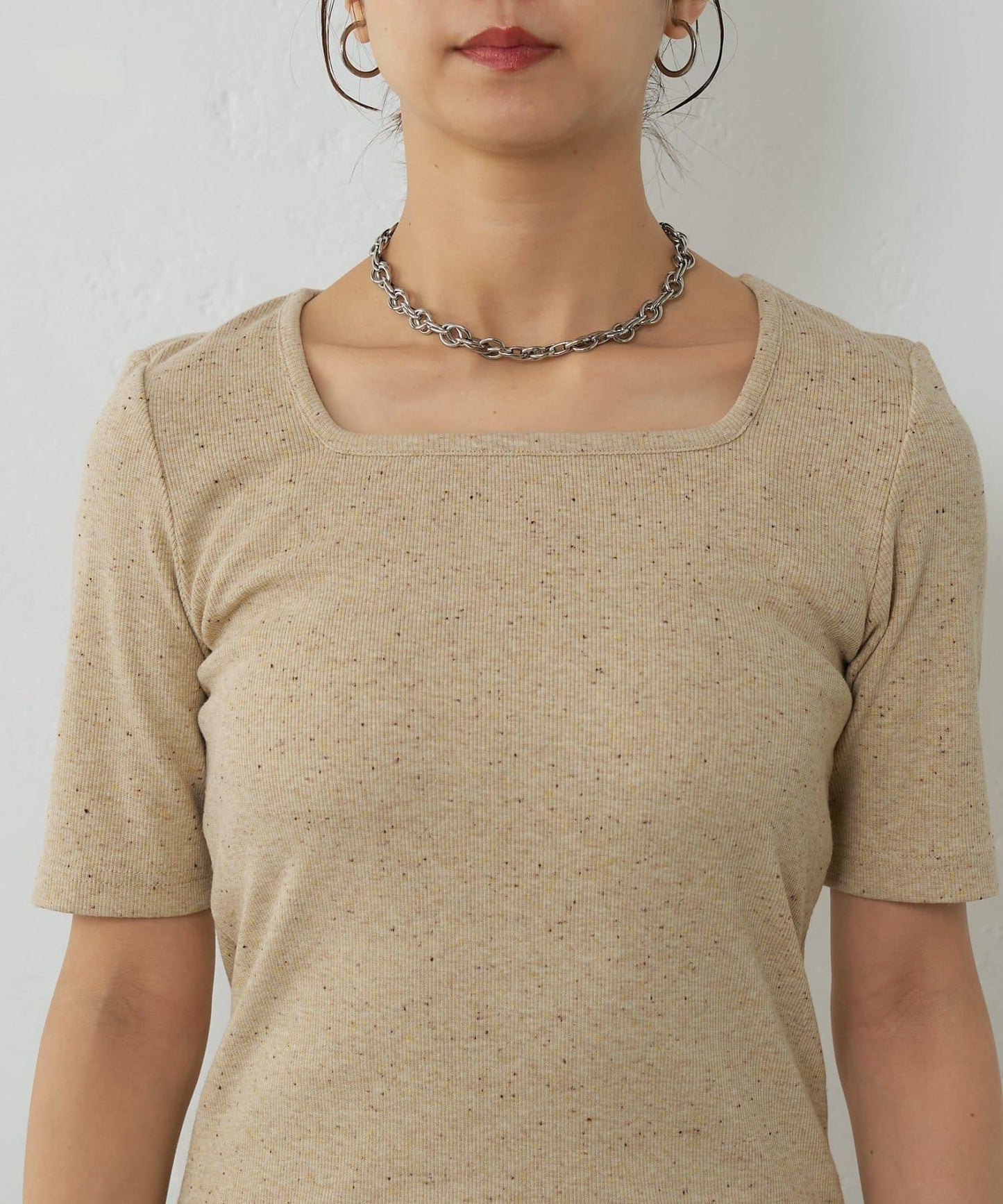 網眼方形領5分袖套頭衫