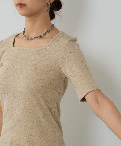 網眼方形領5分袖套頭衫