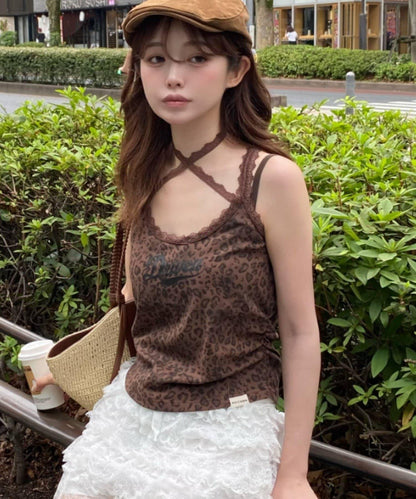 豹紋墊肩蕾絲logo疊穿背心