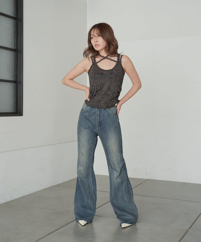 豹紋胸墊 蕾絲Logo疊穿 吊帶背心