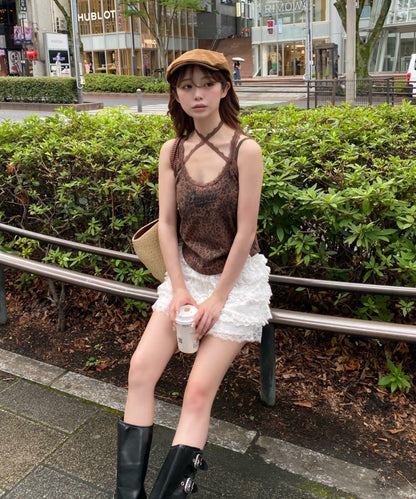 豹紋胸墊 蕾絲Logo疊穿 吊帶背心