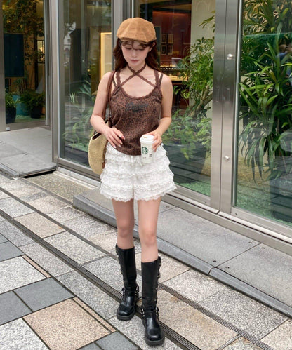 豹紋胸墊 蕾絲Logo疊穿 吊帶背心