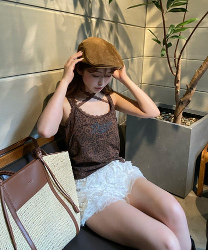 豹紋胸墊 蕾絲Logo疊穿 吊帶背心