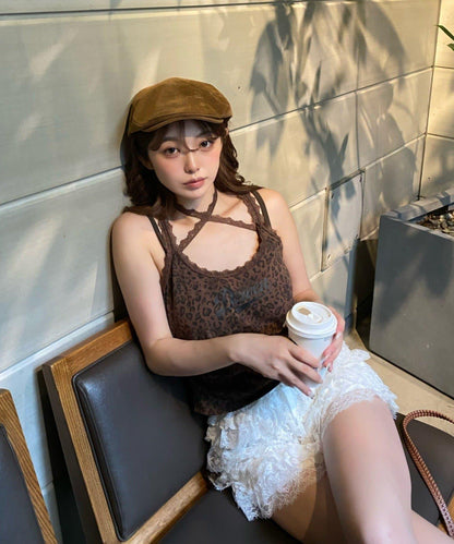 豹紋胸墊 蕾絲Logo疊穿 吊帶背心