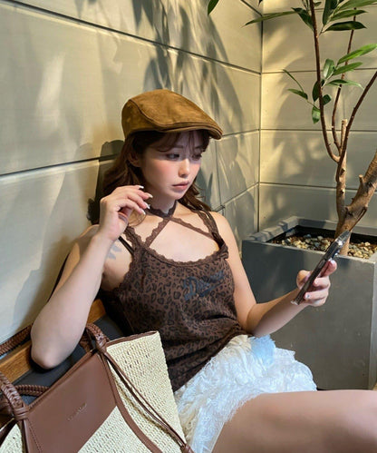 豹紋胸墊 蕾絲Logo疊穿 吊帶背心