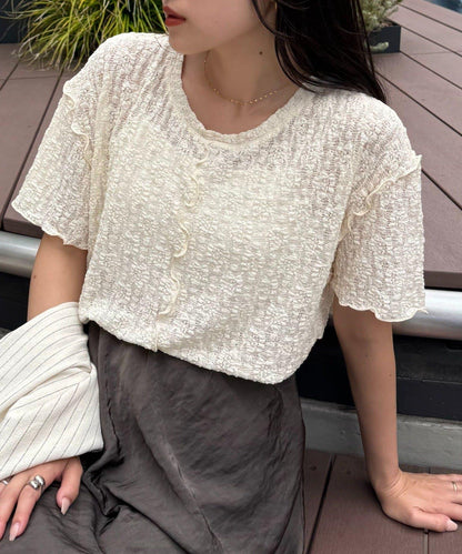 透視蕾絲短袖寬鬆上衣