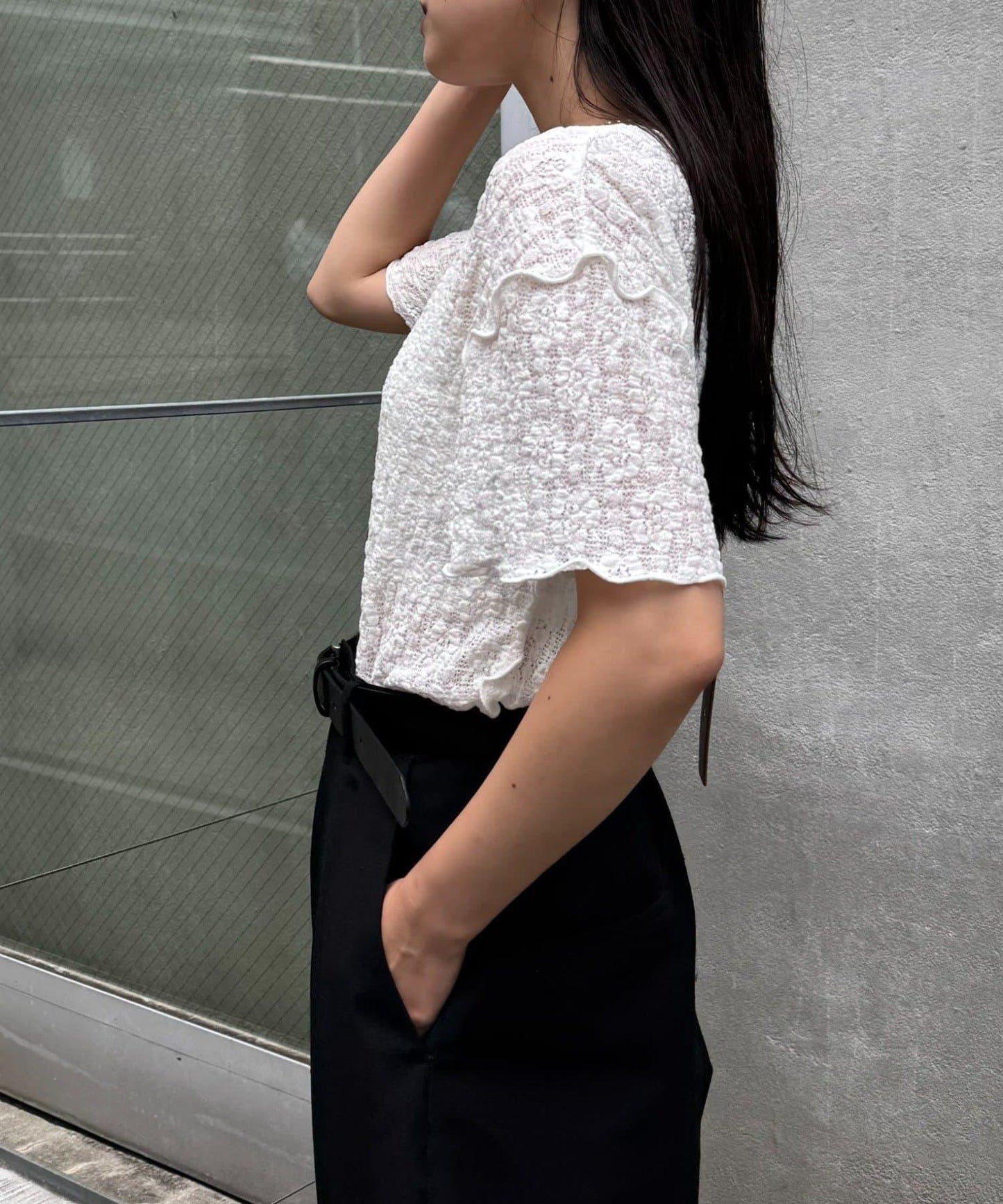 透視蕾絲短袖寬鬆上衣