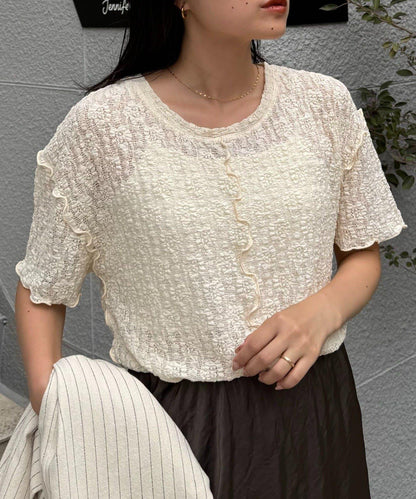 透視蕾絲短袖寬鬆上衣