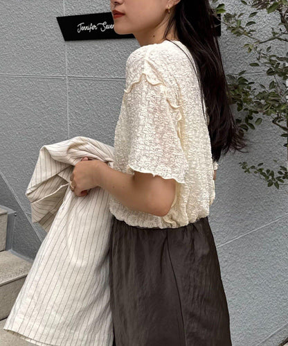 透視蕾絲短袖寬鬆上衣