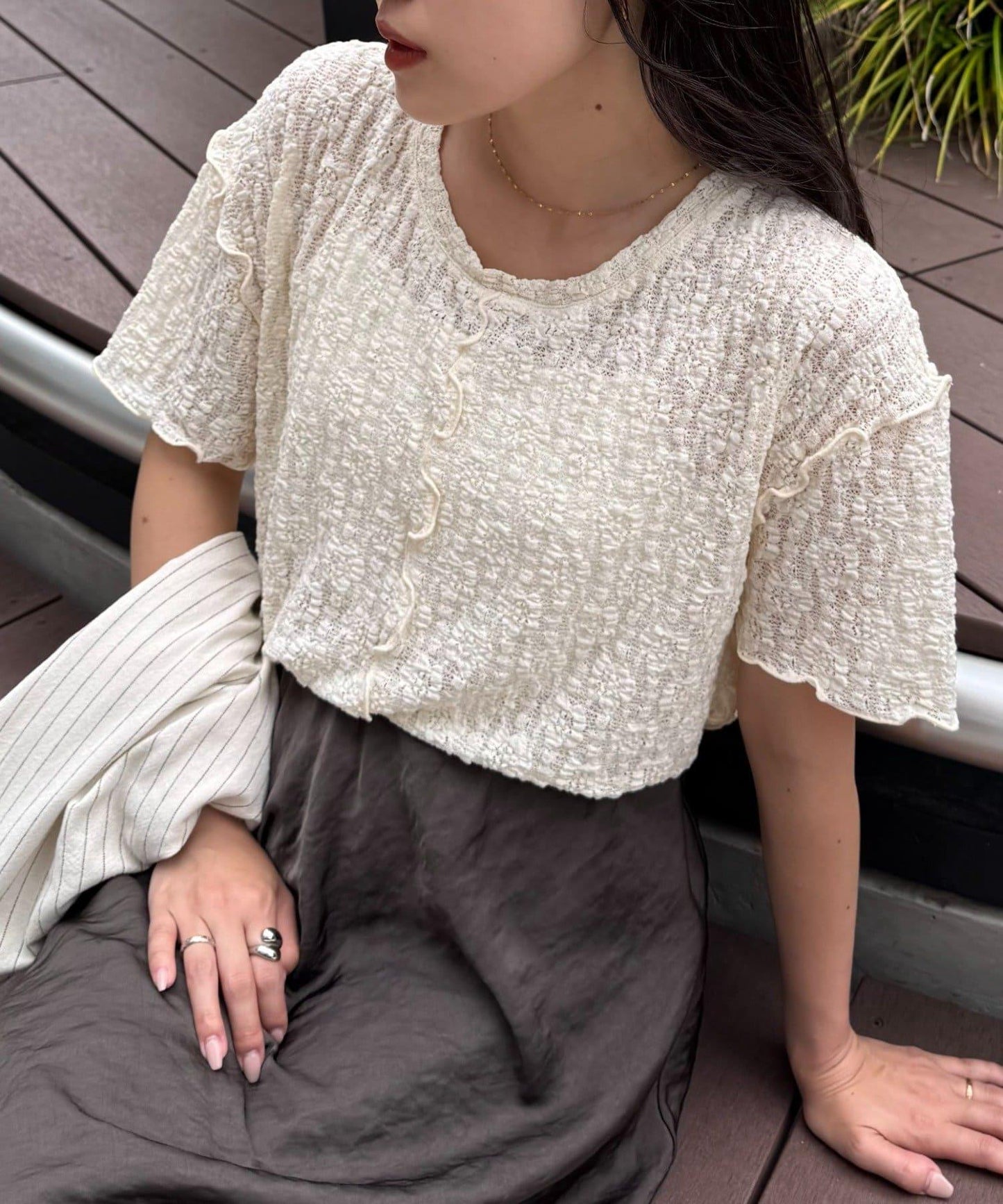 透視蕾絲短袖寬鬆上衣