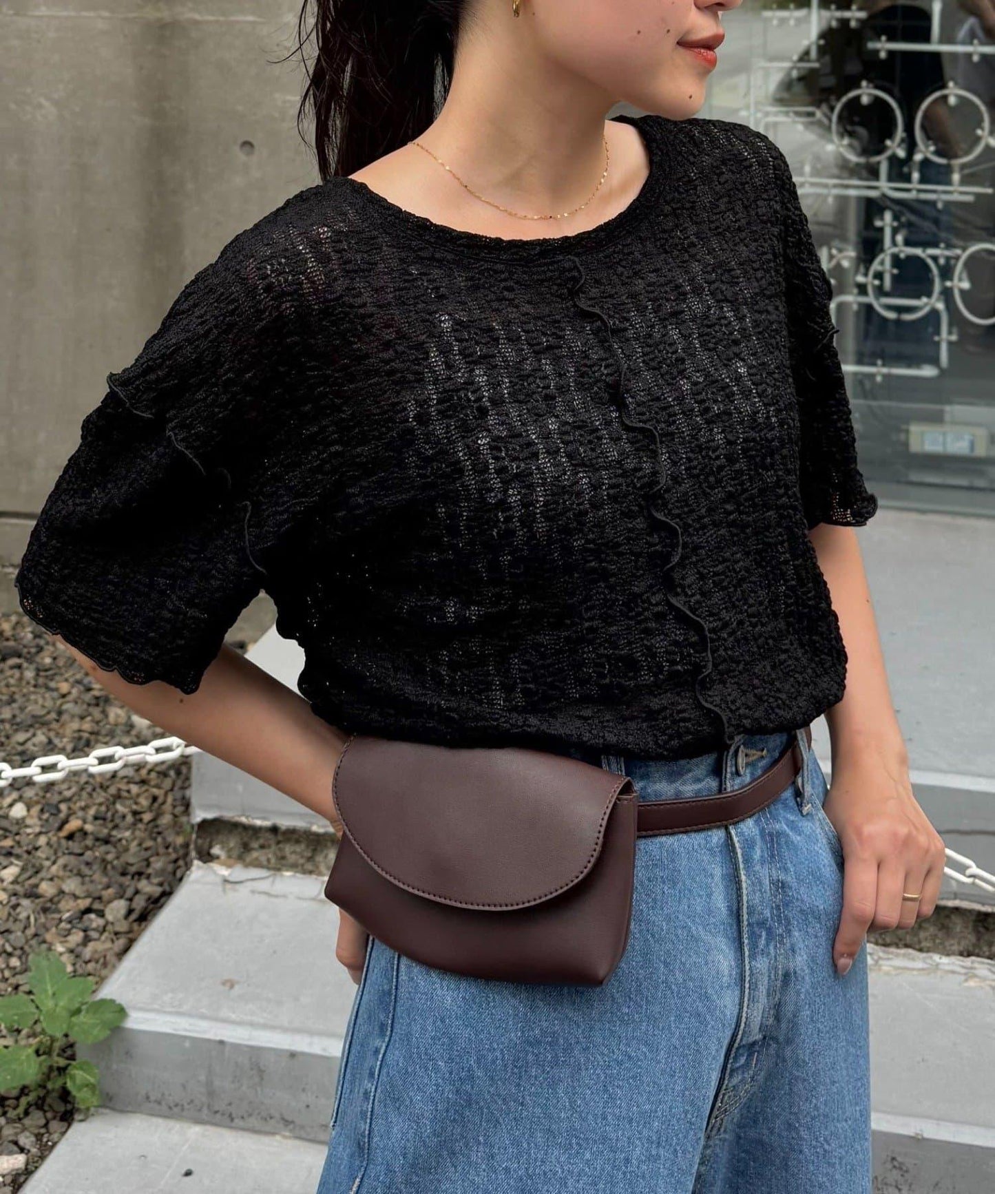 透視蕾絲短袖寬鬆上衣