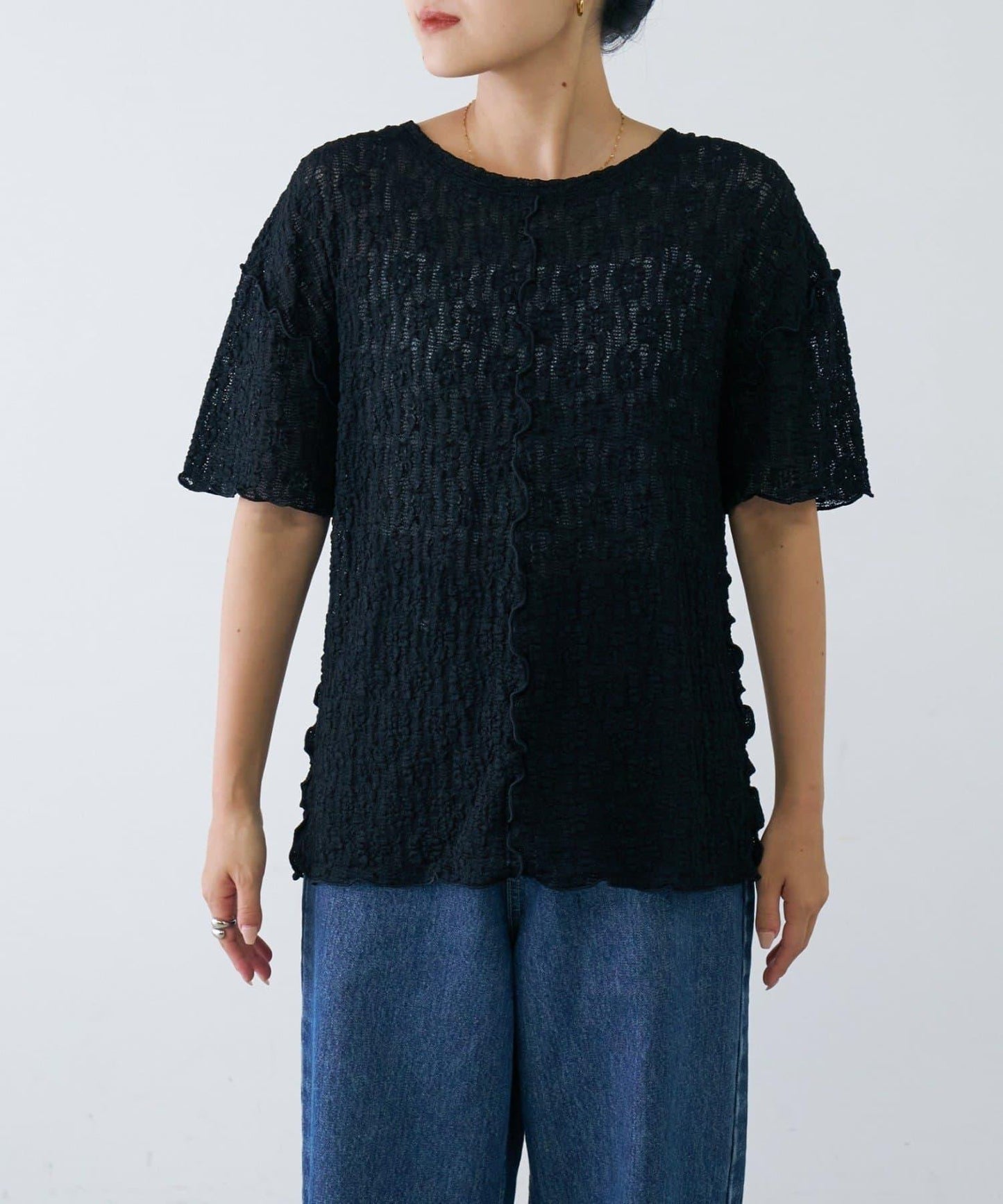 透視蕾絲短袖寬鬆上衣