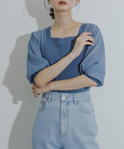 透視感蓬鬆袖針織衫（五分袖）