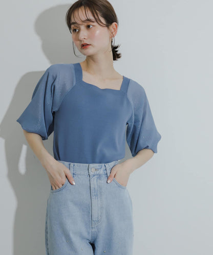 透視感蓬鬆袖針織衫（五分袖）