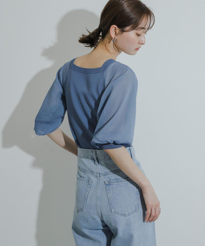 透視感蓬鬆袖針織衫（五分袖）